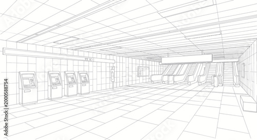 Wireframe drawing of a modern subway station interior with ticket machines.