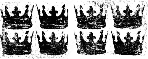 Grunge black crowns pattern vintage royal symbols with textured distressed effect heraldic design elements