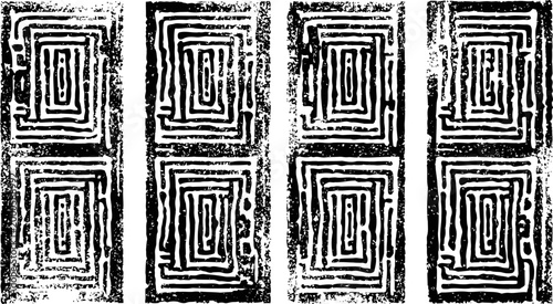 Abstract black and white geometric pattern with rectangular mazes and textured distressed