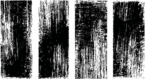set of four vertical black distressed grunge stripes with textured rough edges