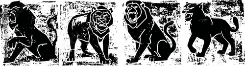 Ancient carved stone lions in relief, symbolic guardians with strong muscular features