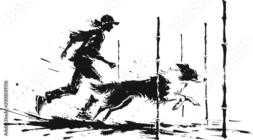 Man running and guiding a dog through agility poles in an obstacle course competition