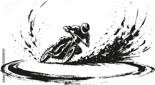 Motocross rider drifting on dirt track with splash effect, dynamic extreme sports action illustration