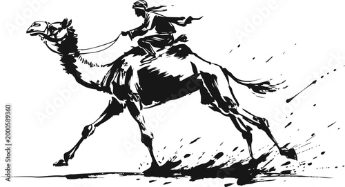 Camel rider racing in desert silhouette of man on fast camel dynamic motion and speed concept