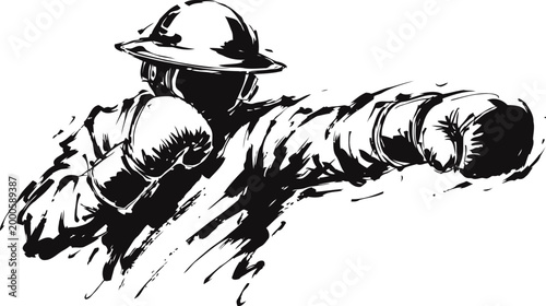 Boxer punching with gloves and helmet in black ink sketch dynamic action pose
