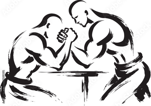 Two muscular men arm wrestling with intense focus and strength in a black and white dynamic sketch