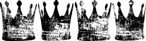 set of four vintage distressed black crowns in grunge design, royal decorative elements