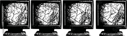 Illustration of four cracked computer monitors in a row with static on display, symbolizing technology failure