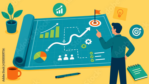 businessman analyzing strategic growth plan on blueprint with charts and targets vector illustration