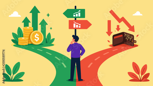 businessman choosing between profit and loss paths showing financial decision vector illustration