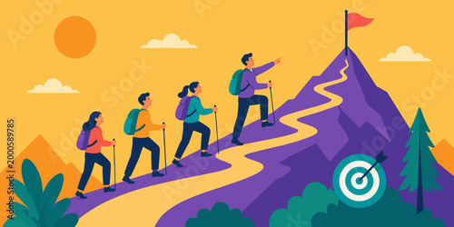 Leader guiding team along path to mountain peak showing shared goals vector illustration