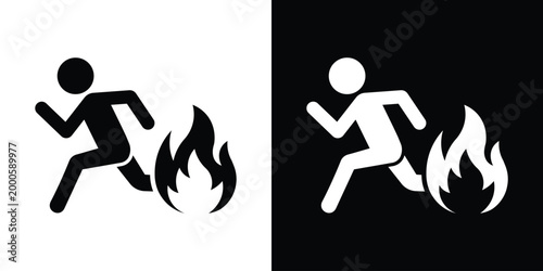 Vector icon depicting a person running away from flames. Symbolizes fire safety, emergency evacuation, hazard warnings, and urgent escape procedures. Suitable for public safety signage.