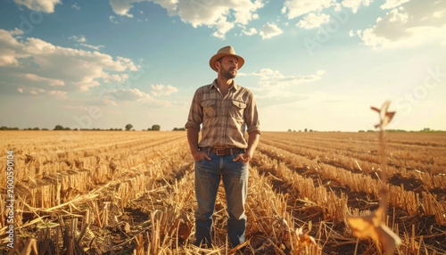 Farmer in wheat field under sunny sky