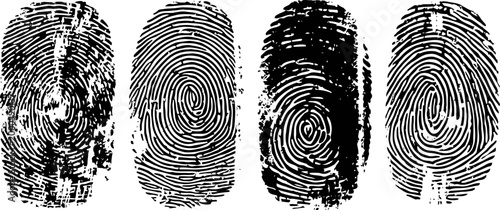Four distinctive black fingerprint patterns on white background showing unique identity marks
