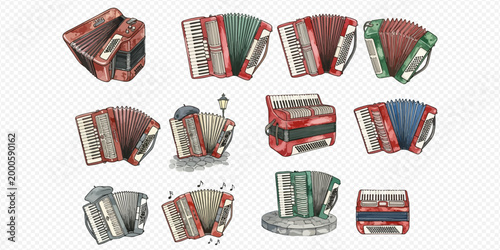 Collection of various hand-drawn accordions in different styles and colors, musical instrument illustrations.