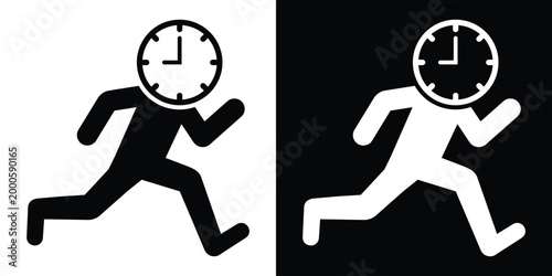 Conceptual vector icon of a person running with a clock face for a head. Represents urgency, time management, deadlines, productivity, and being busy or rushing to meet a target.