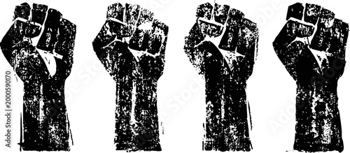 set of four black raised fists with distressed texture symbolizing unity, strength, power, and resistance