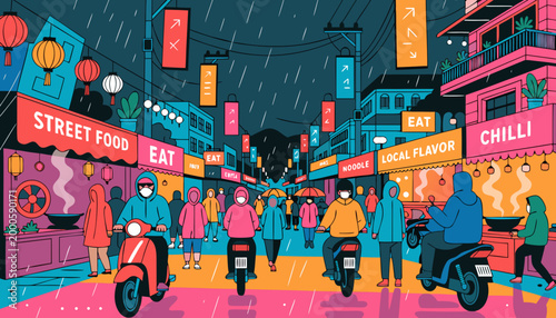 Neon night market street food scene with people noodles rain lanterns vector