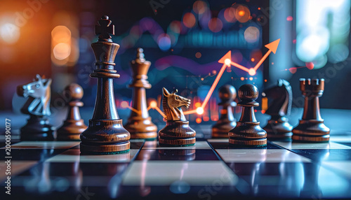 Chess pieces on board with rising line chart and blue orange light