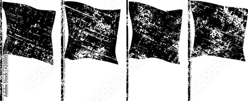 four distressed black flags waving in the wind on white background, textured grunge banners