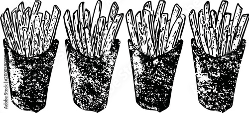 Crispy french fries in paper cups, classic fast food snack portion set illustration