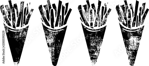 Four black and white stylized french fries in paper cones grunge icons set