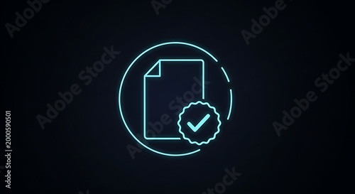 Glowing cyan neon document with a checkmark inside a circular frame on black background