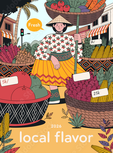 Woman in traditional attire selling fresh produce at outdoor market stall vector