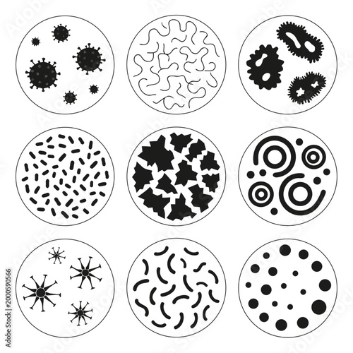 Monochrome circular icons microscopic organisms bacteria viruses cells vector