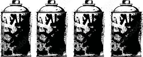 Four rusty spray paint cans in a row with paint drips and scratches on a white background