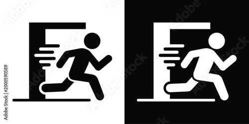 Vector graphic of a person running quickly through an exit. Motion lines indicate speed. Ideal for emergency procedures, swift evacuation, exit signs, or quick navigation concepts.