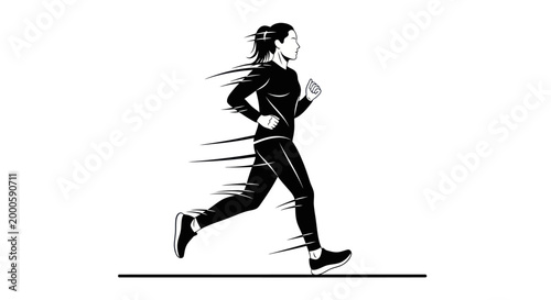 Foto Black and white illustration of a female runner sprinting with speed motion lines