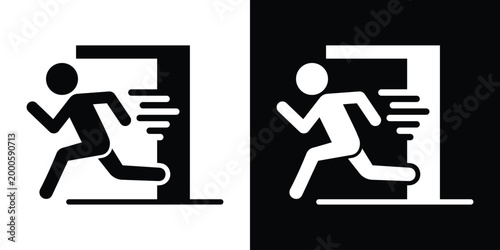 Vector graphic of a person running quickly through an exit. Motion lines indicate speed. Ideal for emergency procedures, swift evacuation, exit signs, or quick navigation concepts.