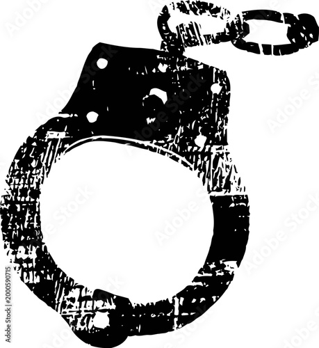 Grunge black handcuffs silhouette isolated on white, law enforcement restraint symbol