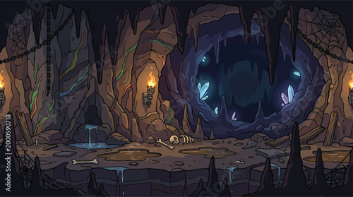 Fotografie Fantasy dungeon cave vector background, dark underground cavern with glowing cry