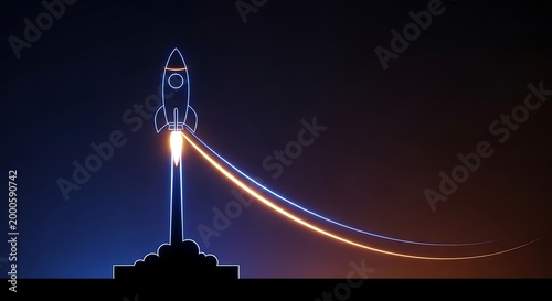 Glowing neon outline of a rocket launching into a dark sky with a bright orange exhaust trail
