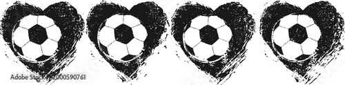 four grunge hearts with soccer balls inside sports love and passion design black and white football art