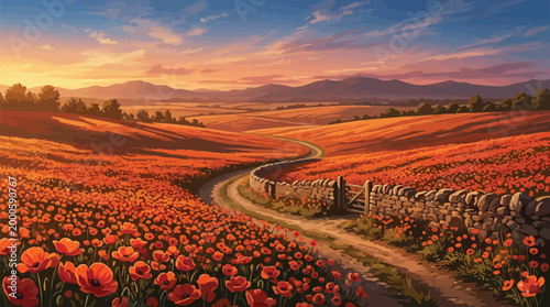 Poppy Flower Field at Sunset with Winding Road, Stone Wall and Mountains — Flat Vector Illustration