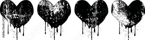 Grunge black hearts with dripping paint effect in a row on white background, distressed love symbols