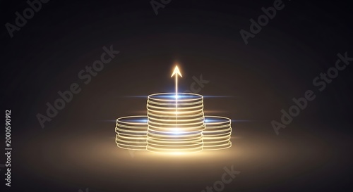 Glowing stacks of coins with an upward pointing arrow on a dark background