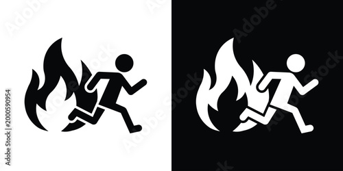 Emergency icon of a person running away from a fire. Ideal for evacuation plans, safety protocols, and warning signs in public buildings or industrial settings. Minimalist vector design.