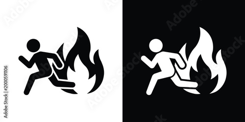 Emergency icon of a person running away from a fire. Ideal for evacuation plans, safety protocols, and warning signs in public buildings or industrial settings. Minimalist vector design.