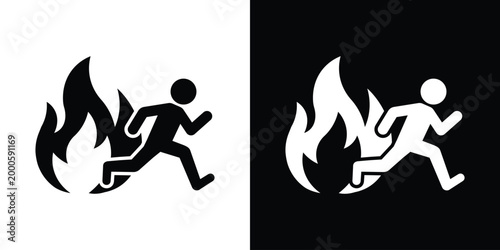 Emergency icon of a person running away from a fire. Ideal for evacuation plans, safety protocols, and warning signs in public buildings or industrial settings. Minimalist vector design.