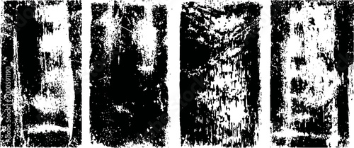 set of four black grunge textured vertical rectangular shapes with distressed and weathered effects