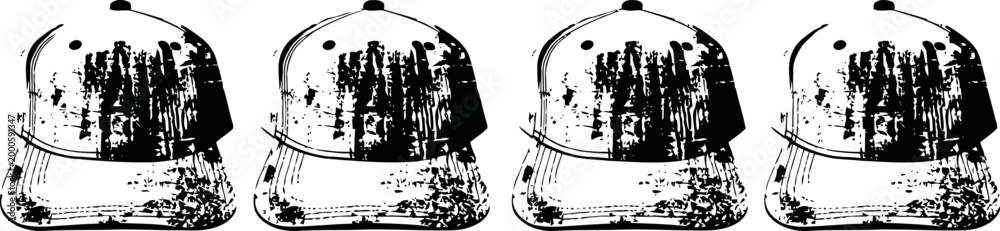 Fototapeta premium Four distressed black caps arranged in a row on a white background