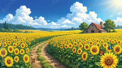 Sunflower Field with Dirt Path, Barn, Butterflies and Bees — Flat Vector Illustration