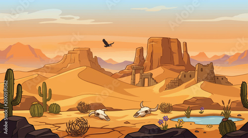Photos Desert landscape vector illustration, wild west arid valley with sand dunes and
