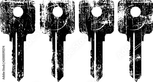 grunge black silhouette of four worn keys with scratches and holes aligned