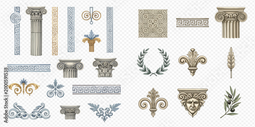 Ancient architectural elements, column capitals, decorative borders, and classical ornaments set on transparent background.