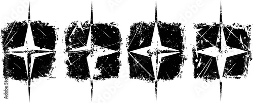 Four black distressed grunge star symbols with a vertical line through the center on white background